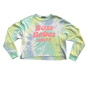 Zutter USA Women’s SMALL „Boss Babes Unite” Tie Dye Cropped Crewneck Top